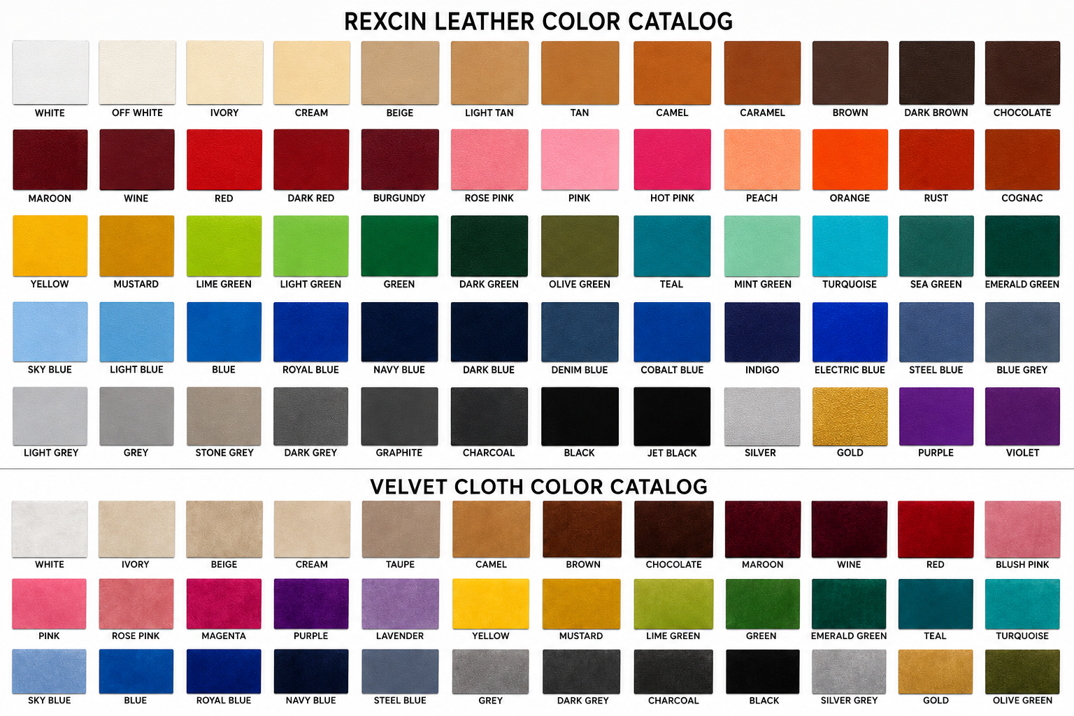 KGN Seat Studio — Complete Rexcin Leather and Velvet Cloth Color Catalog showing 70+ color swatches
